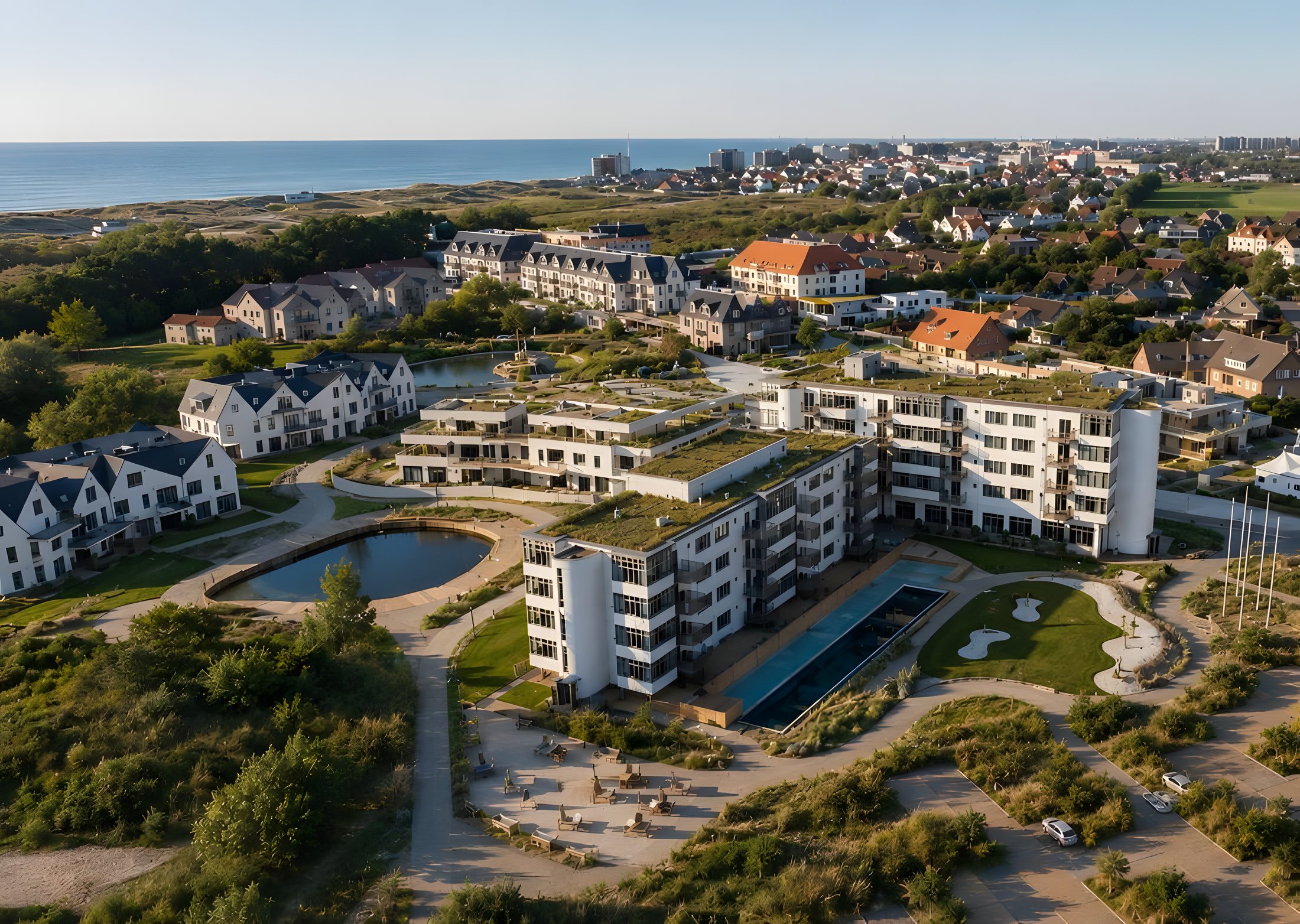 Domein West Bay van bovenaf: hotel, appartementen en het natuurzwembad