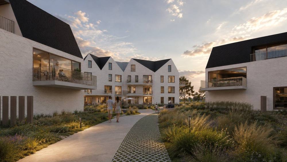 Avondrender van gebouw 4F op het West Bay-domein